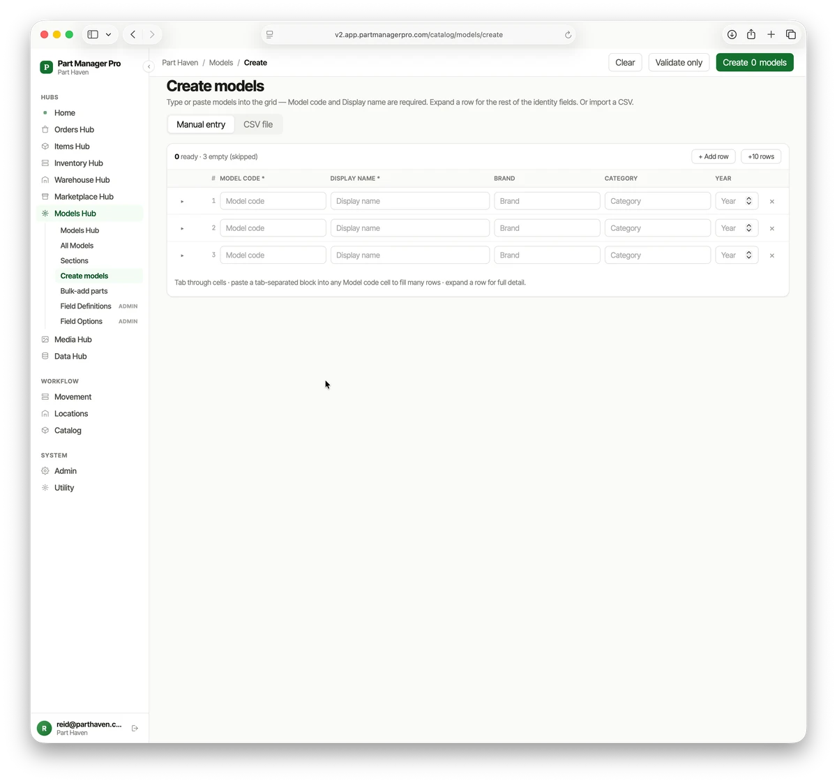 PMP's Create Models grid for adding models by hand or from a CSV