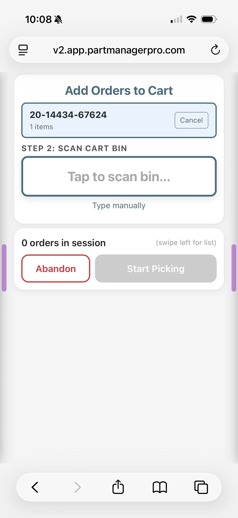 Scanning the packing slip QR code to add an order